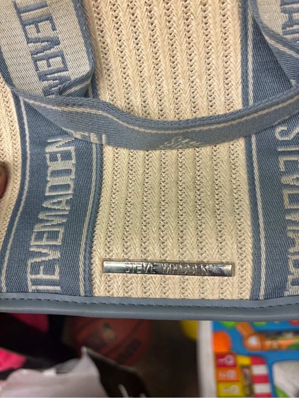 Steve Madden Cream and Blue Logo Strap Woven Tote